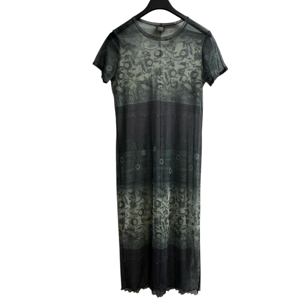 Teddi‎ Womens Dark Green Floral Sheer Mesh Maxi Dress Size S Witchy Grunge Fairy